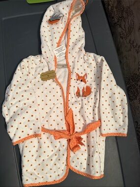 Kids White & Orange Polka Dot Hooded Bathrobe with Fox Applique